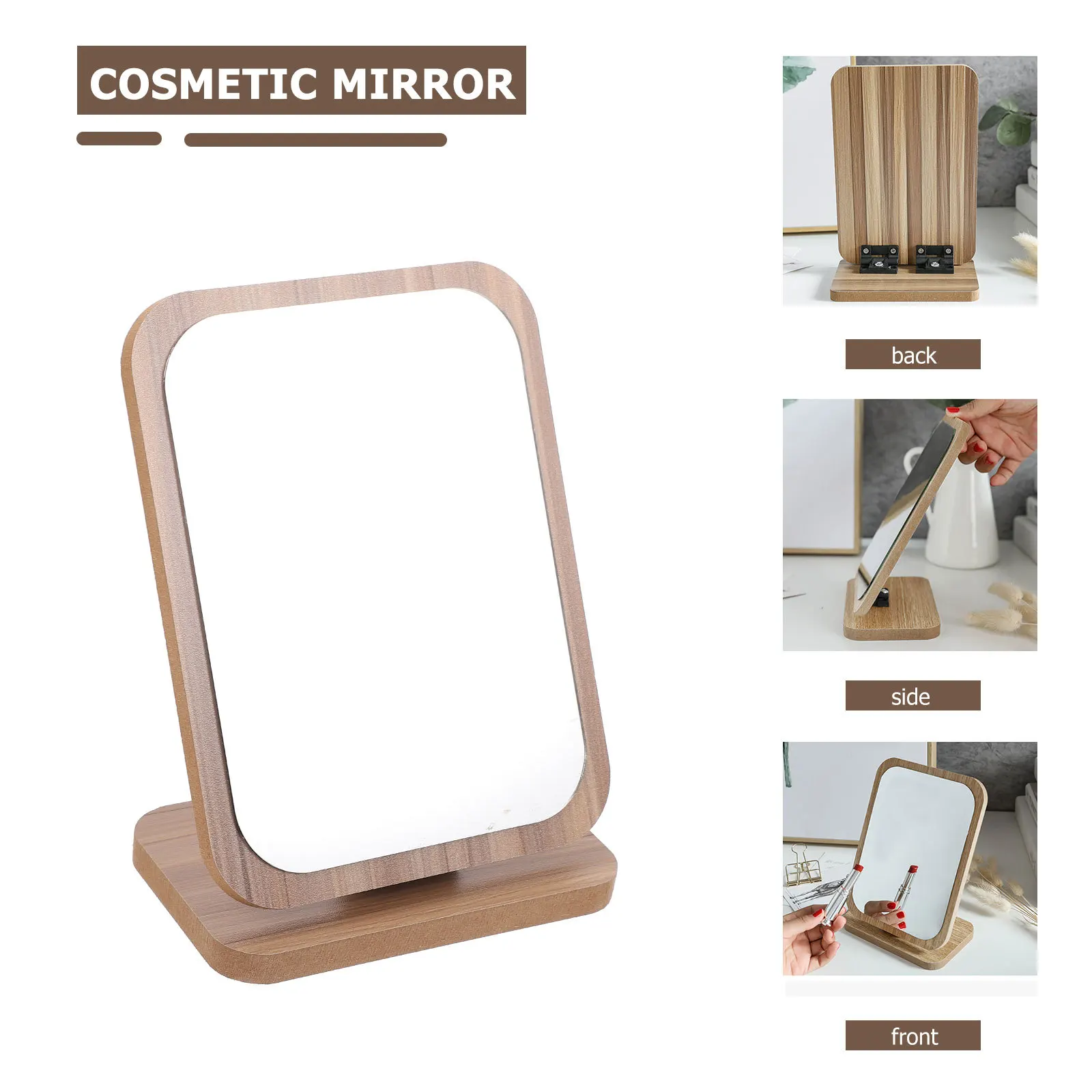 1개 나무 화장 거울 매끄러운 HD 표면 선명한 반사 탁상용 거울 욕실 침실 기숙사 휴대용