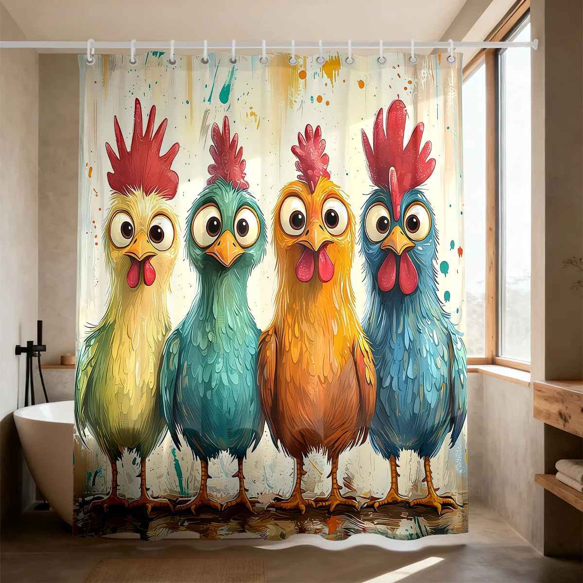 Whimsical Four Bright‑colored Big‑Eye Cartoon Roosters Splatter Paint Artwork Bath curtain, Cozy Soft Warm 