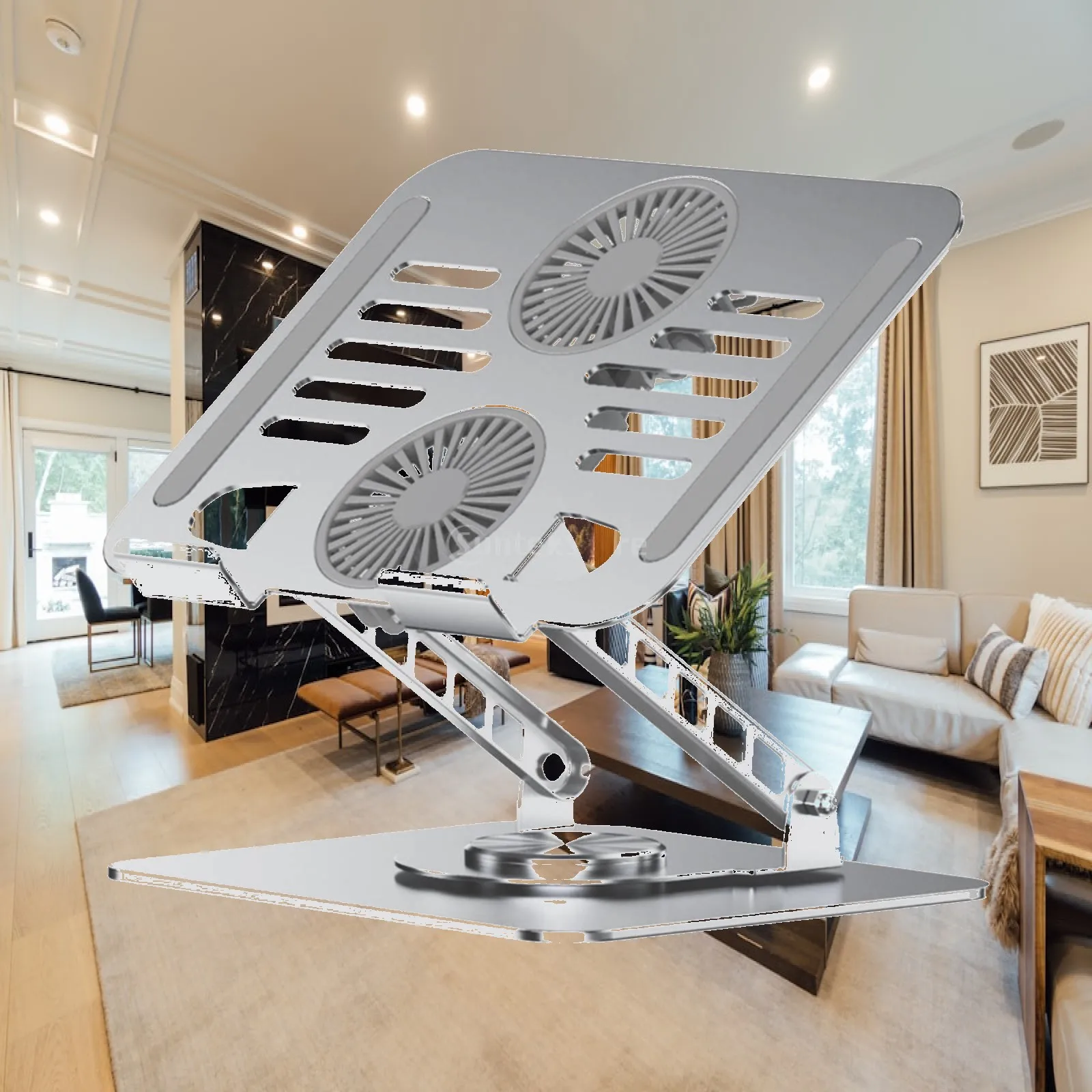 Laptop Riser Stand with Dual Fan Cooling 360 Rotating Foldable Metal Frame for 17 Inch Notebook Office Home Portable