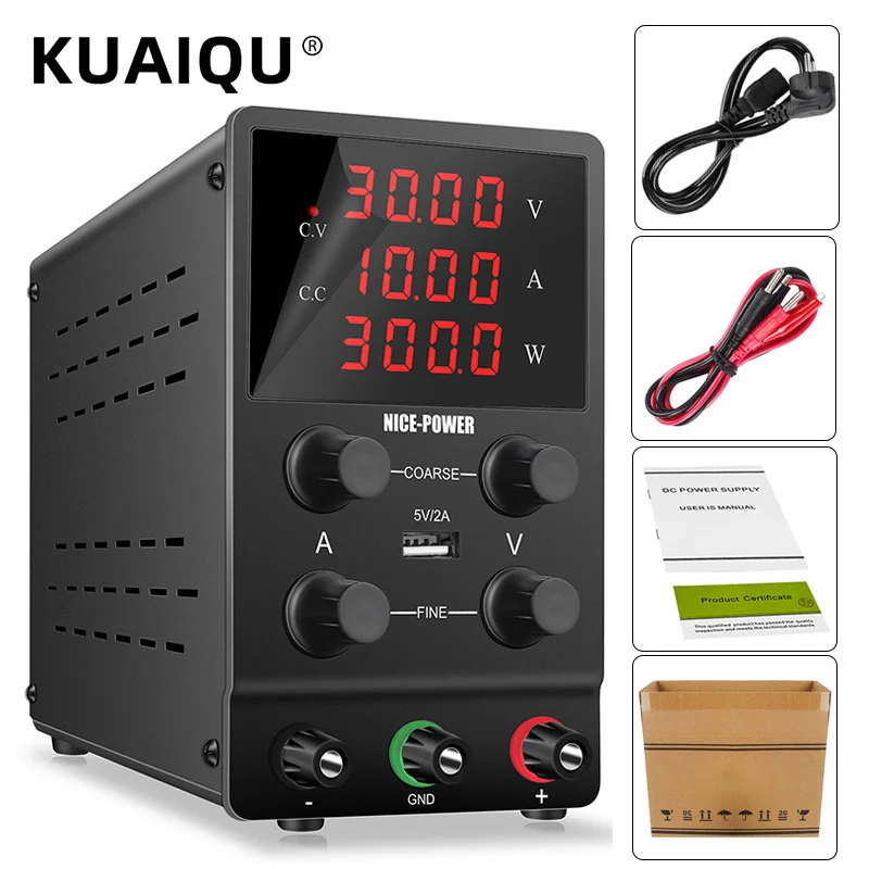 

KUAIQU Black USB 4Digits Adjustable Laboratory DC Power Supply 30V 10A Regulated Switching Power Supplies 60V/120V 3A Repair PCB