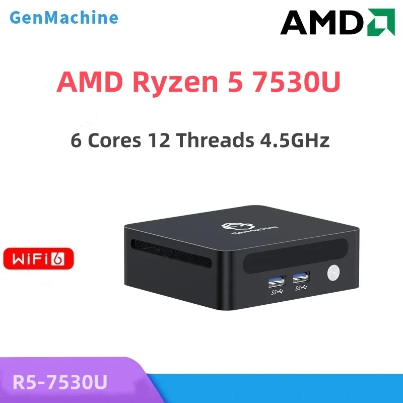 Genmachine AMD Ryzen 5 7530U كمبيوتر صغير 8 كور 12 خيط 2.0 جيجا هرتز حتى 4.5 جيجا هرتز 15 واط Win11 DDR4 3200 ميجا هرتز SSD WIFI6 BT5.2 لعبة كمبيوتر مكتبي