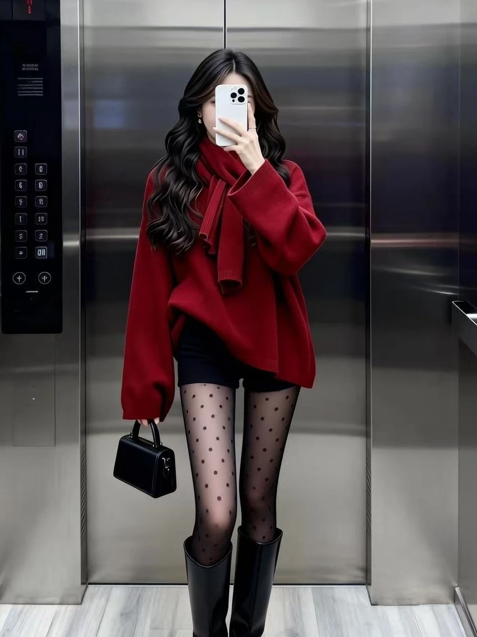 

Cisas New Year Red Sweater Women's Loose Lazy Sle Autumn Winter Knitted Outerwear Warmth Comfortable Straight Tube ape