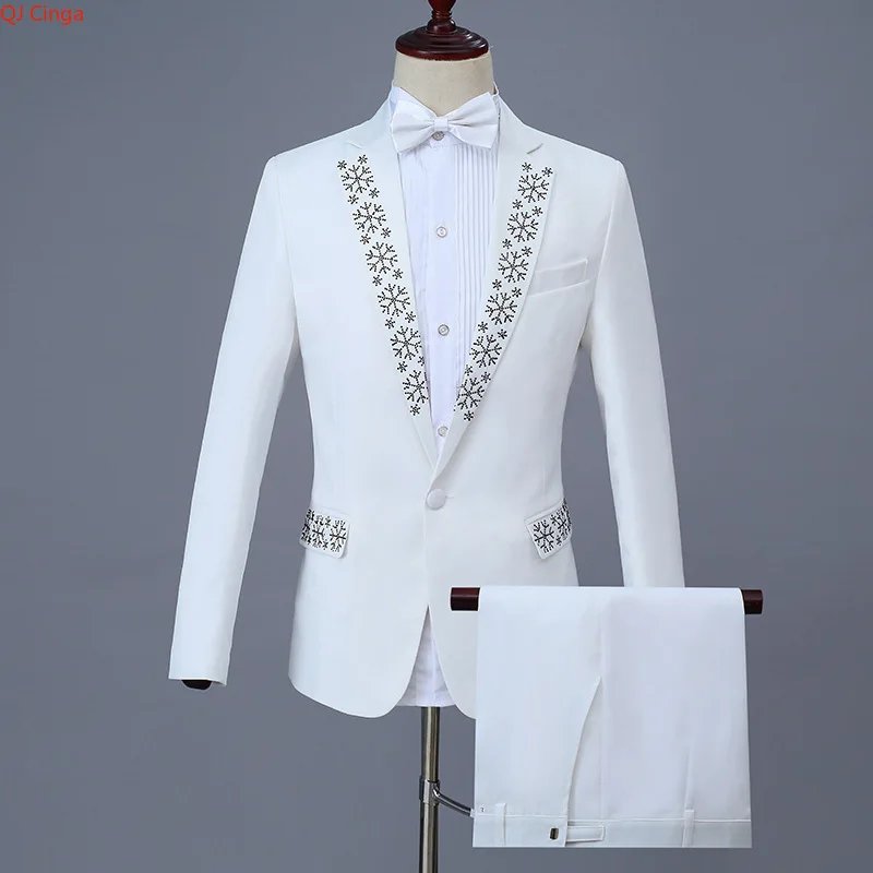 White Men's 2-piece Suit Featuring A Diamond-embellished Collar Jacket Paired with Trousers,Perfect for Weddings, Parties, Stage