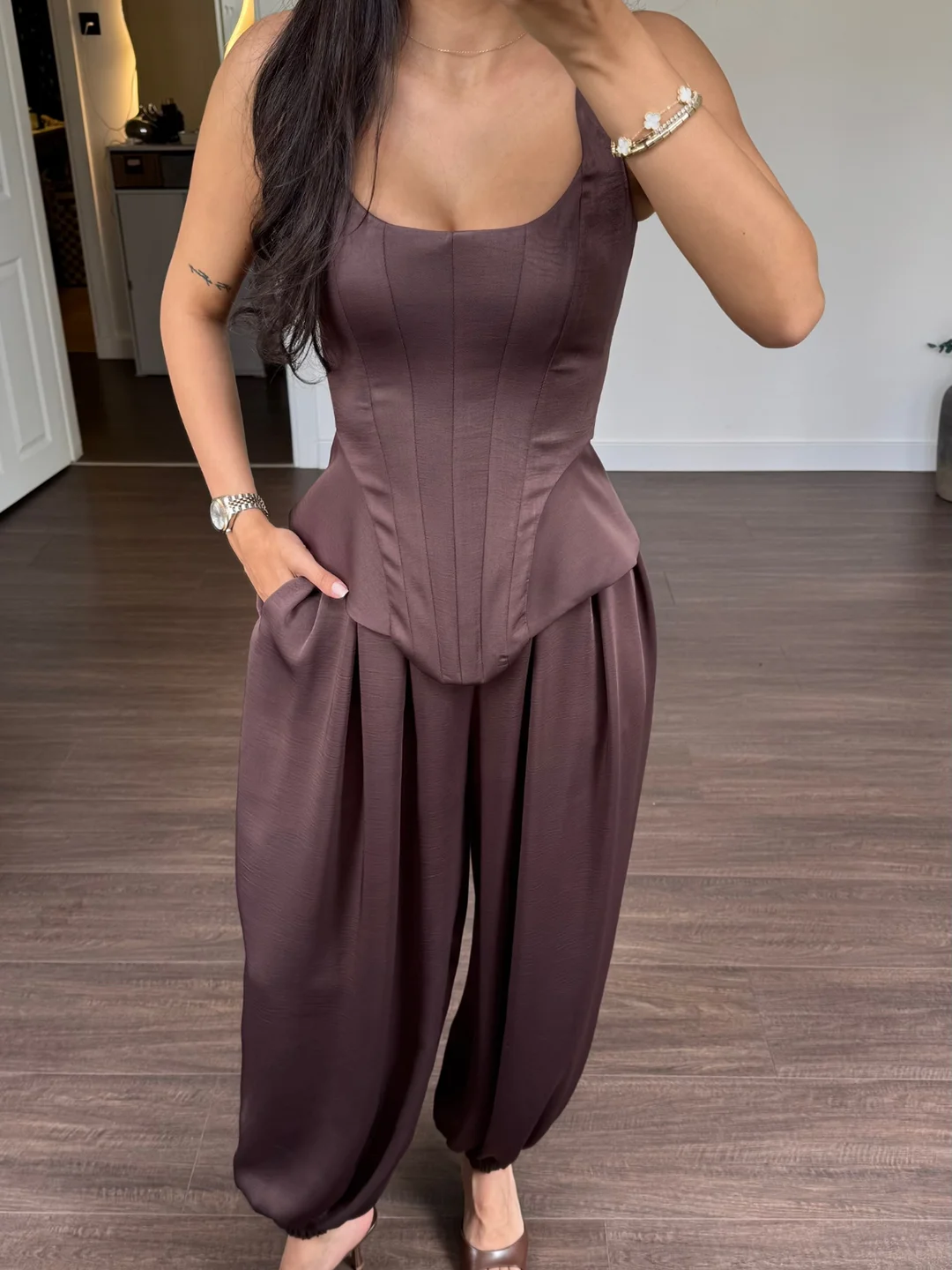 Laru Women Satin 2 Piece Outfit U Neck Corset Tank Top High Waist Harem Baggy Pants Elegant Party Daily Matching Suit