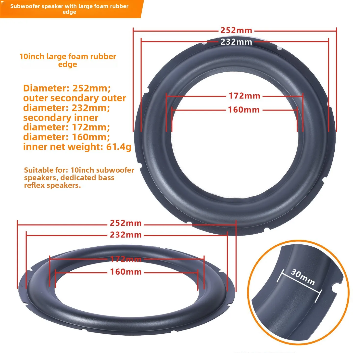 MW Audio, set van 2 rubberen randen voor luidsprekers, 6,5"/8"/10"/12", reparatieband voor de rand van een subwoofer.