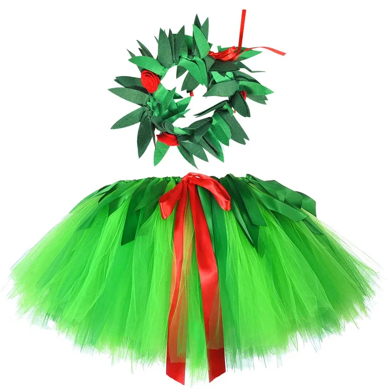 Green Flowers Hawaii Tutu Skirt Outfit for Girls Hula Party Dress Up Costumes for Kids Luau Ballet Princess Tutus with Garland