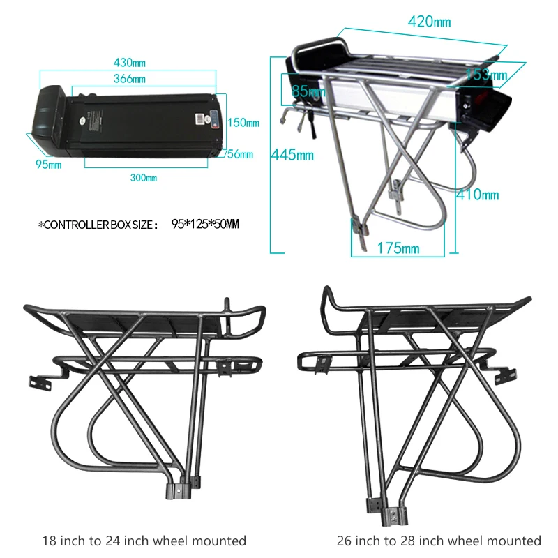 36V 10.4Ah Rear Rack ebike Battery 48V 12Ah 13Ah 15Ah Electric Bike Luggage Batteries For 250w 350w 500w rear wheel hub motor