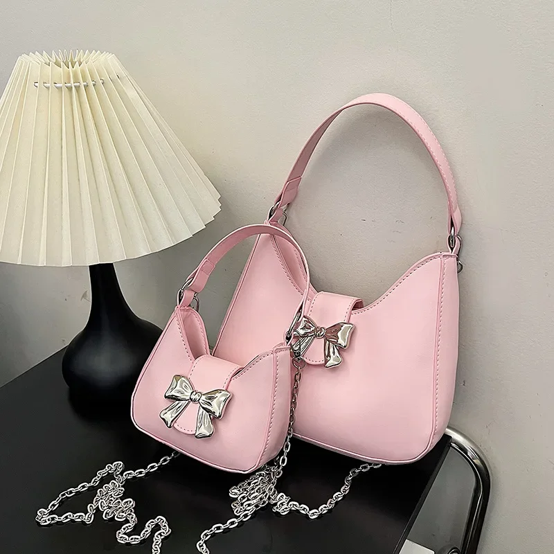 Women's bow texture handbag  spring new versatile ins shoulder armpit bag gentle temperament women