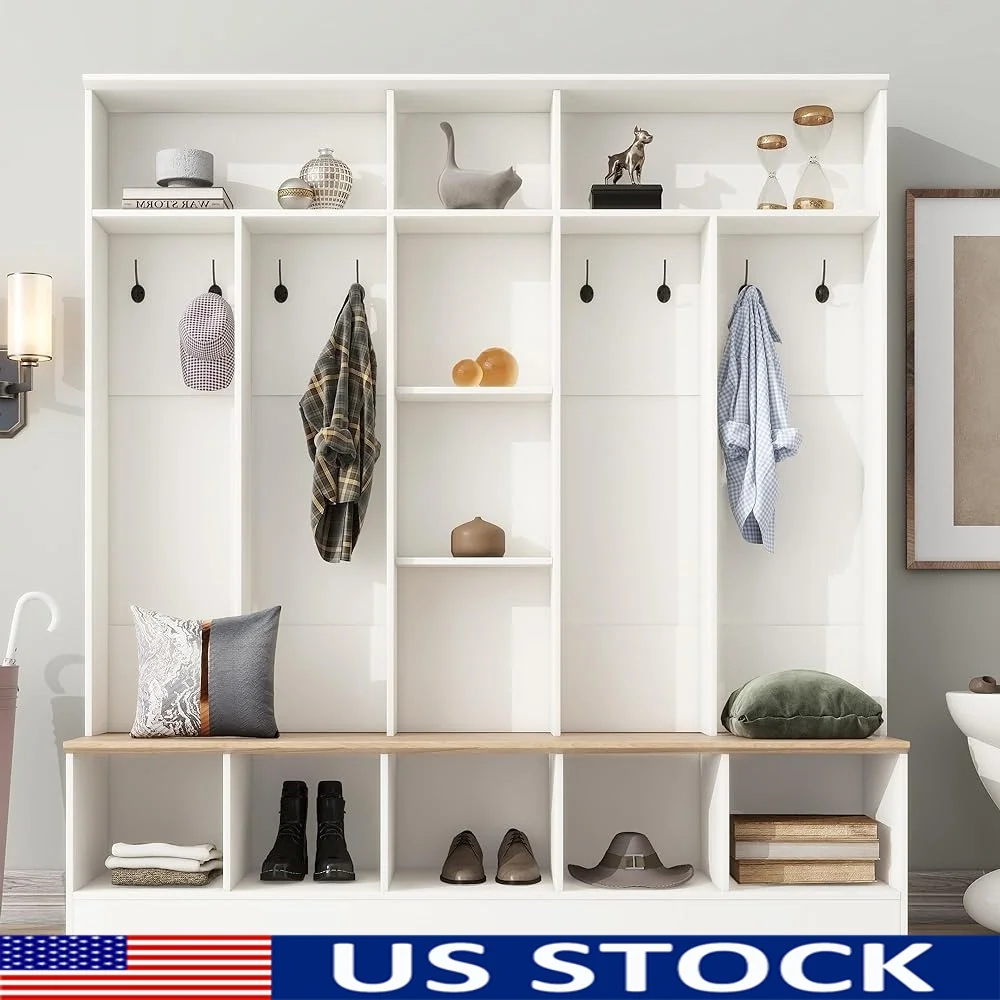 

Hall Tree with Storage Bench Coat Rack Shoe Cabinet 8 Hooks Cube Shelves Organizer Entryway