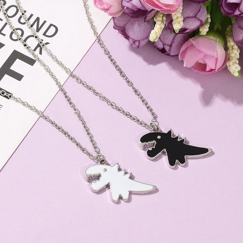 Cute Charm Cartoon Black/White Dinosaur Enamel Necklace Fashion Couple Pendant Animal Jewelry Accessory Gift