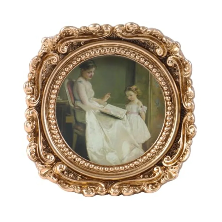 

Vintage Picture Frames 3x3 Round - Antique Ornate Small Picture Frames with Hooks and Easel Stand Wallet Size Victorian Decor f