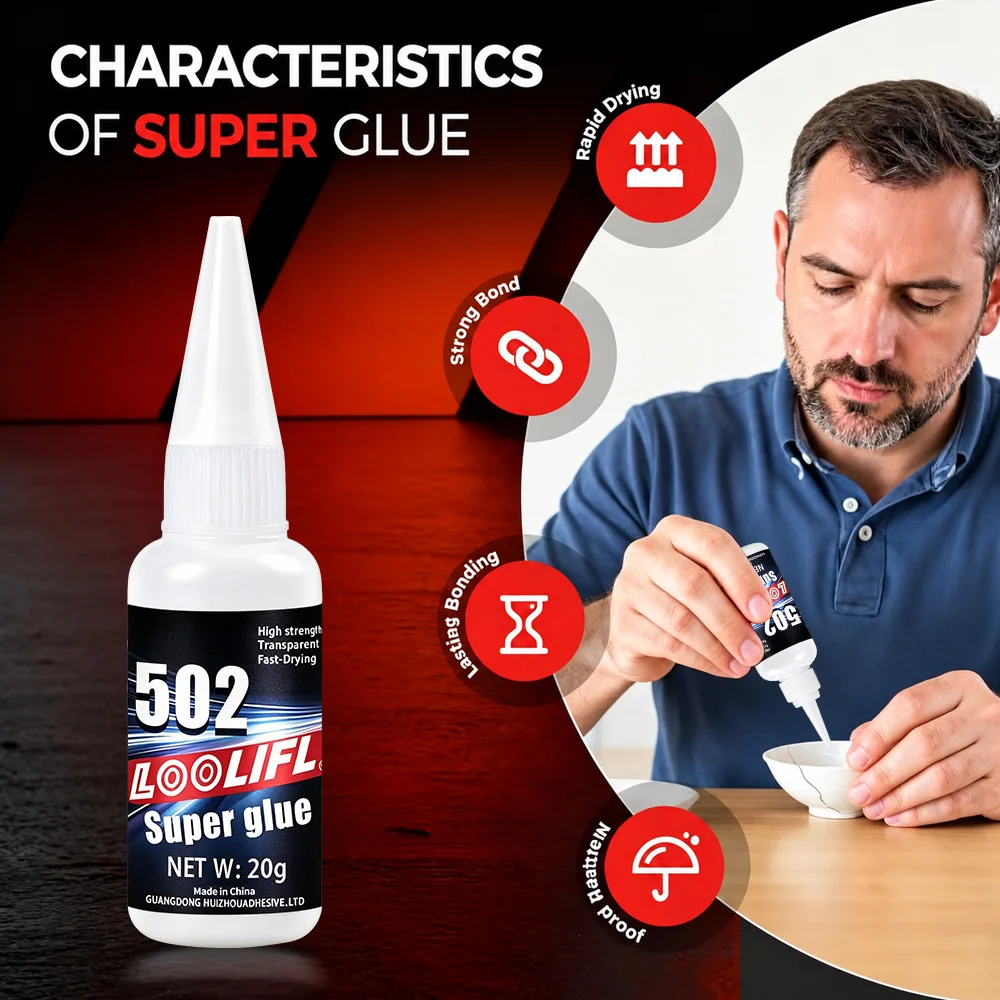 Loolifl 502 Super Glue, 20g Instant-Drying Cyanoacrylate Adhesive, Fast-Drying, Strong Bonding, Long-Lasting Waterproof Transparent Super Glue, Suitable for Materials Such as Metal, Plastic, Wood, Ceramics, Rubber, Leather, and Can Be Used for DIY Crafts and Home Repairs.