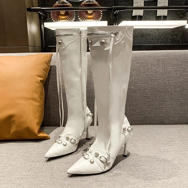 Women\'s Single Boots Autumn New High Heels Pointy Riveted Fringe Stylish Comfortable Temperament Leather Boots