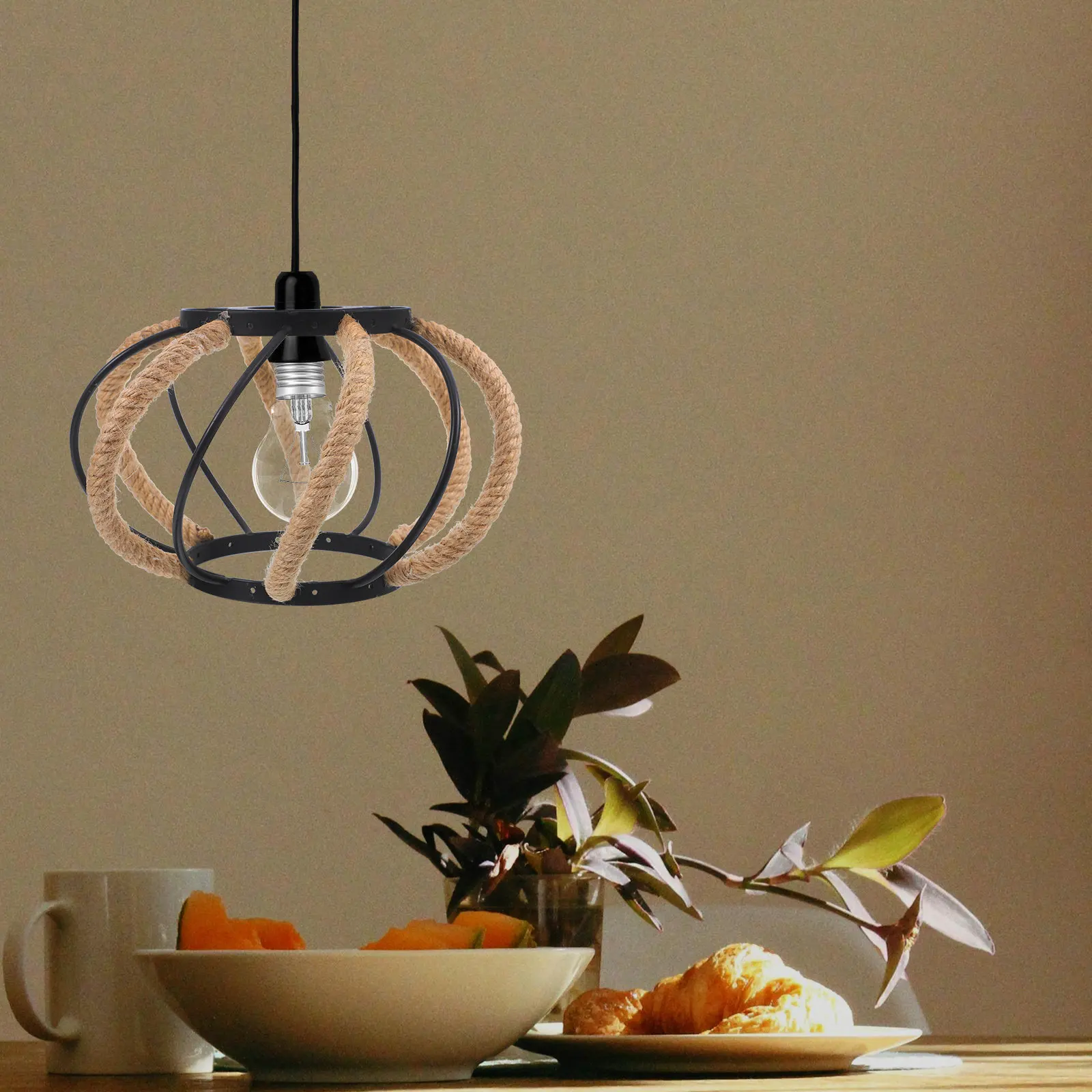 Rustic Lantern Shaped Rope Wrapped Iron Lampshade Vintage Industrial Boho Pendant Light Shade for Dining Room Cafe Home Decor