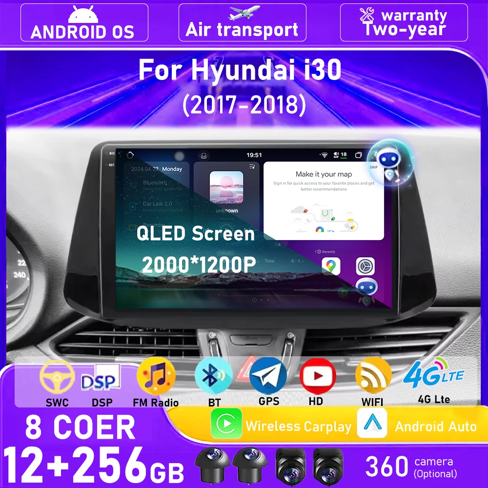 

Android 16 Auto For Hyundai i30 2017 2018 Car Radio Multimedia Player GPS Navigation Tools Carplay 4G WIFI DSP QLED Touch Screen