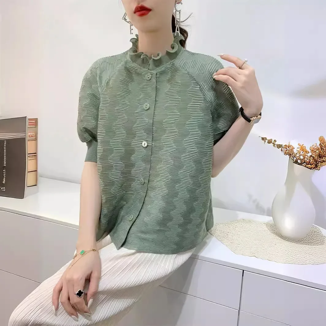 

Pleats Original Pleated Printed Blouse 2024 Summer Pleat Jacquard Blouse Women Temperament Casual Niche Lantern Sleeve Clothing