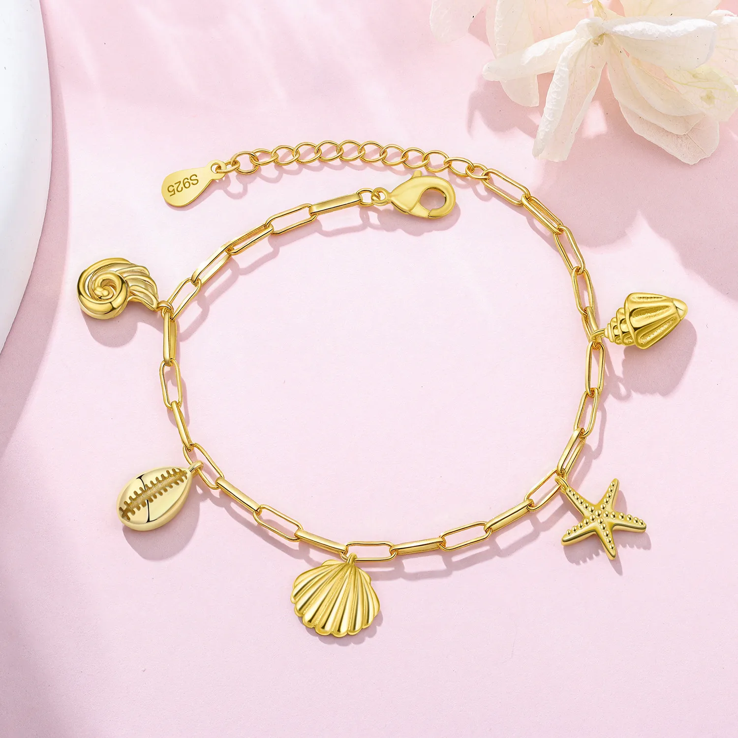 

Orstarry S925 Sterling Silver Sea Shell Sea Star Bracelet Chain 18K Gold-plated Adjustable Bracelet Chain Charms Jewelry Gift