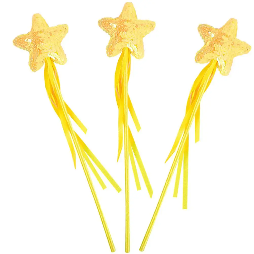 

3pcs Sequin Yellow Fairy Wands for Girls Kids Adorable Star Shaped Fairy Party Favors Decorative Props Gifts