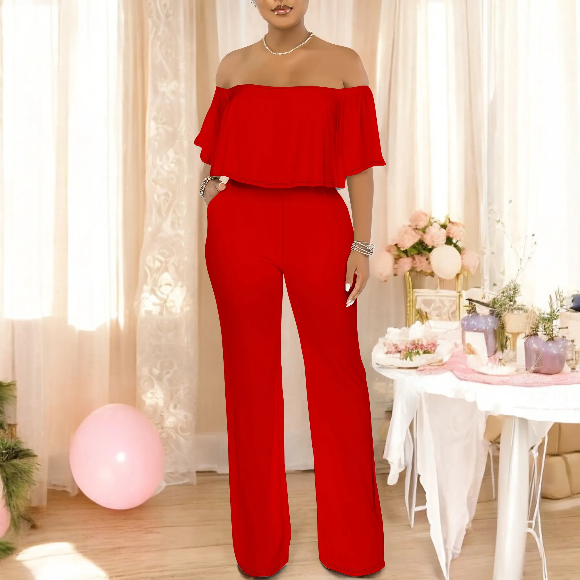 Off Shoulder Tube Top Ruffle Solid Color Jumpsuits for Women Wide Leg Pants Club Party Outfits Jumpsuit with Pockets
