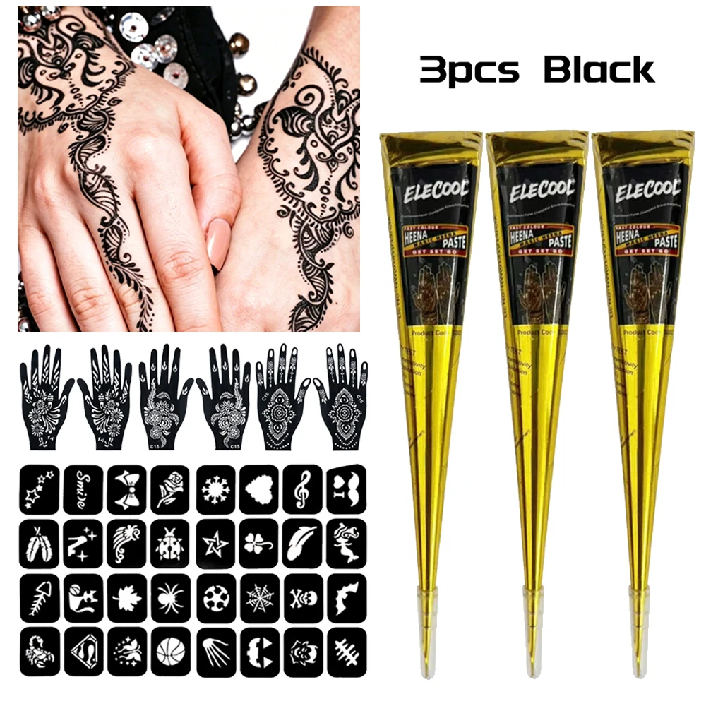 10pcs Henna Tattoo Paste Set,3pcs Tattoo Paste +4pcs Stickers+3pcs Hand‑Shape Stencils,Temporary Body Paint DIY Hand Drawing