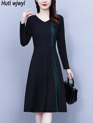 Autumn Winter Black Patchwork Casual Long Dresses Women Korean Vintage Hepubrn Prom Clothing 2024 Elegant Bodycon Party Vestidos
