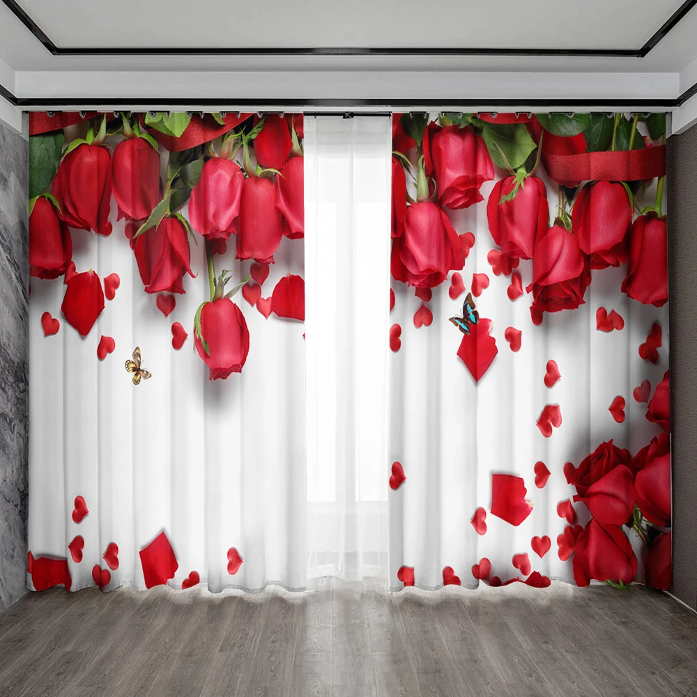 2PC Home Decoration Curtains, Rose Flowers With Pole Bag Curtains, Kitchen, Coffee Shop, Living Room, Balcony,Garden