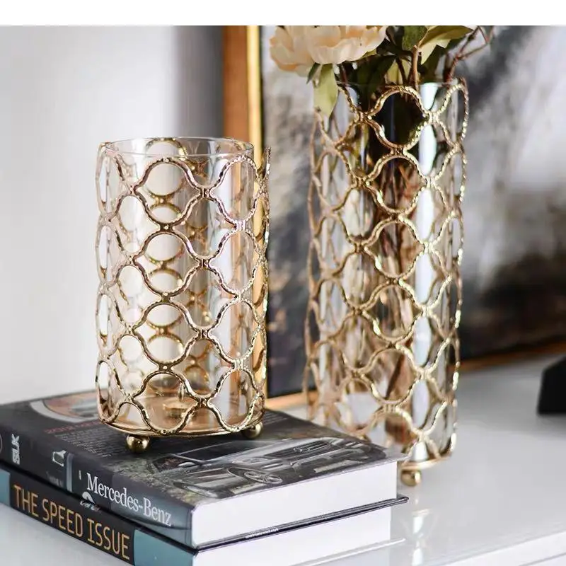 Hollow Out Glass Vases Golden Flower Arrangement Metal Candlestick Multifunctional Ornaments Modern Floral Home Decoration