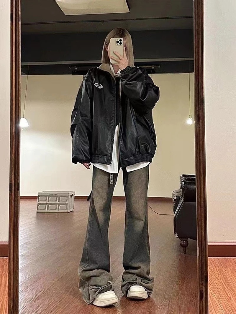 Reversible Brown Women Pu Jacket Sherpa Lined Coat Zip Up Fleece Oversized Retro Moto Streetwear Y2K Winter Outerwear Top