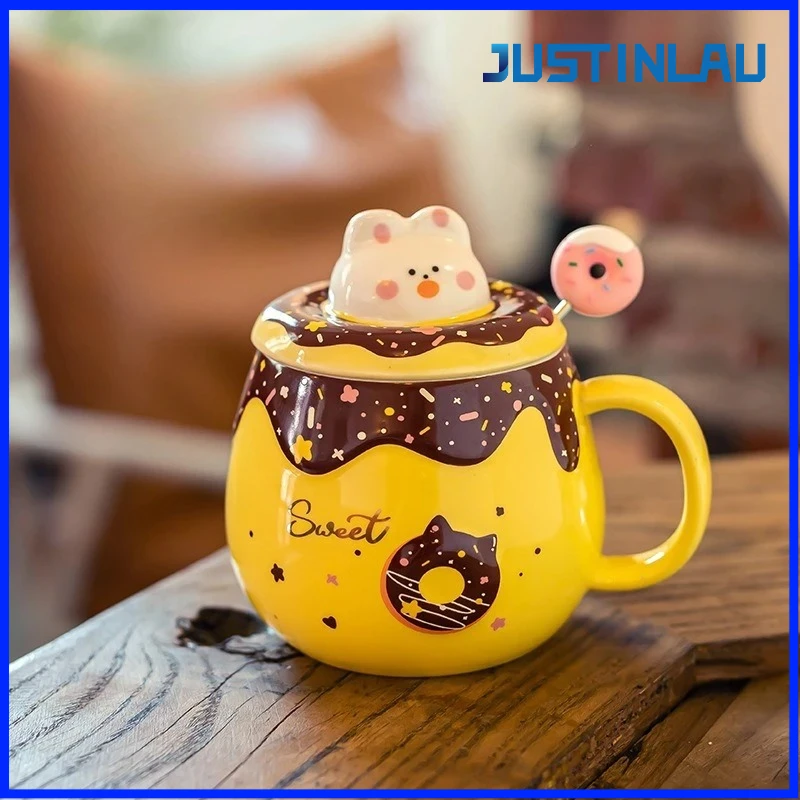 

JUSTINLAU 400ml Sweet Donut Mug Ceramic Rabbit Creative Tea Cup Milkcup with Spoon and Lid Household Desktop Cup Birthday Gift