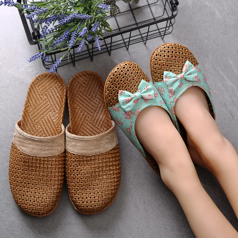 Summer Yacao Couple Cool Slippers Men's Home Indoor Non-slip Thick-bottomed Floor Linen Slippers Women's Vine Grass Slippers