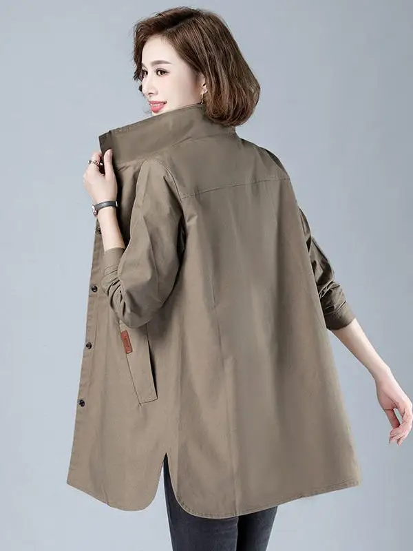 Loose Fit Women's Workwear Style Jacket Coat Thin Medium Length Turn-down Collar Shirt Cotton Blend Long Sleeve Autumn Piece