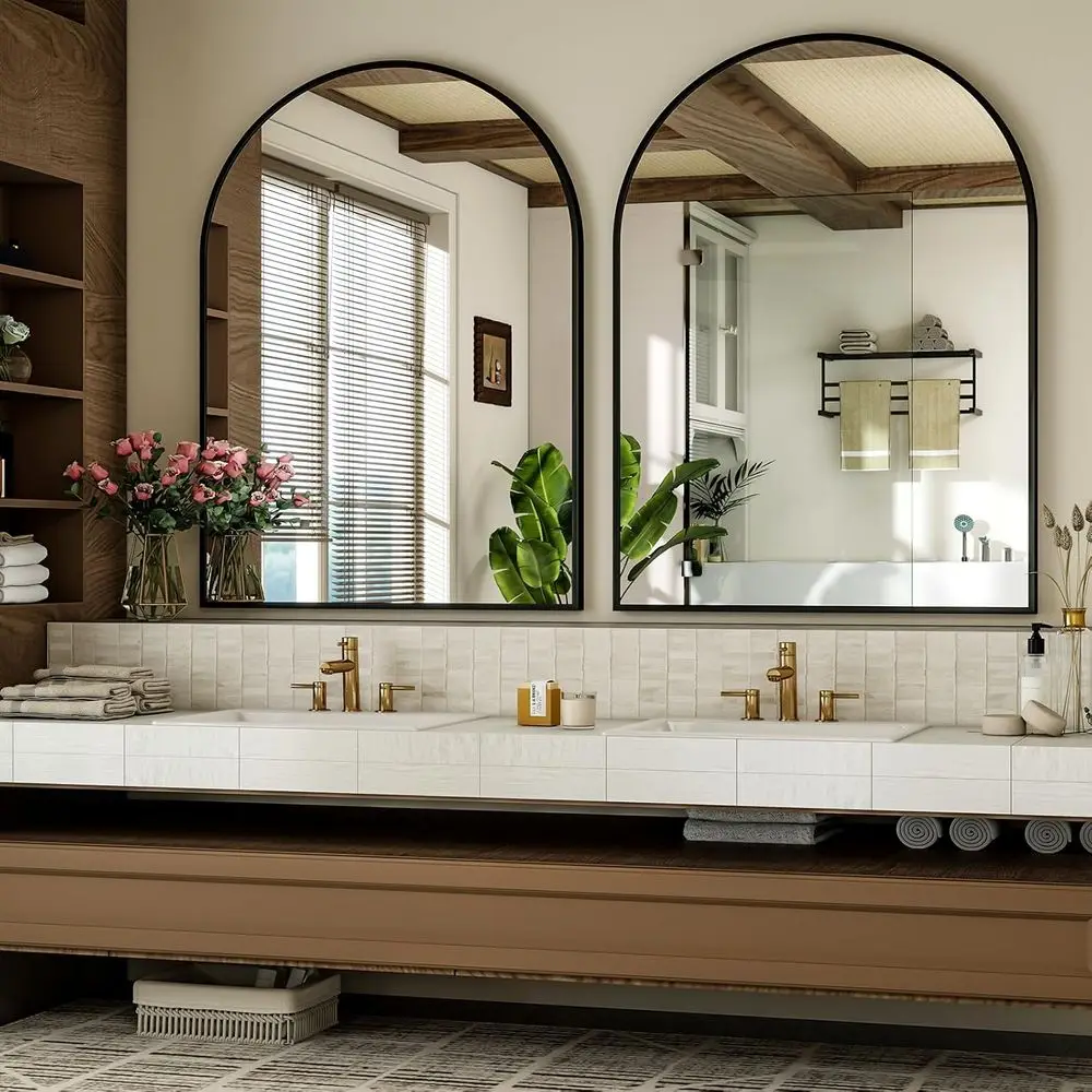 24x36 Arch-Shaped Wall Vanity Mirror with Black Metal Frame for Bathroom, Bedroom, and Living Room