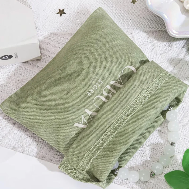 High Quality Green Cotton Linen Drawstring Skincare Product Perfume Packing Bag Custom Logo Printed Gift Makeup Jute Pouch