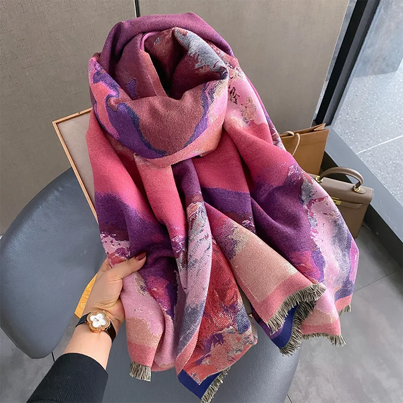 Retro Oil Painting Print Winter Thick Cashmere Scarf Women Warm Shawls and Wraps Pashmina Office Fashion Bufandas Poncho Echarpe