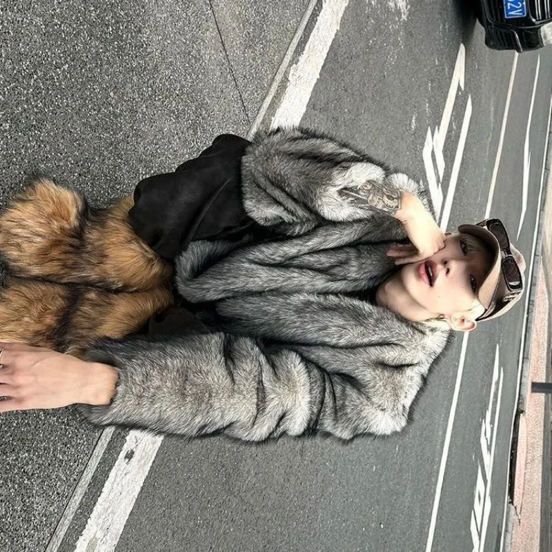 

Luxury Brand Fluffy Fur Jacket Warm Winter Men's Faux Fur Coat Thick Trend Long Sleeve Cardigan Streetwear Faux Fox Fur Coat