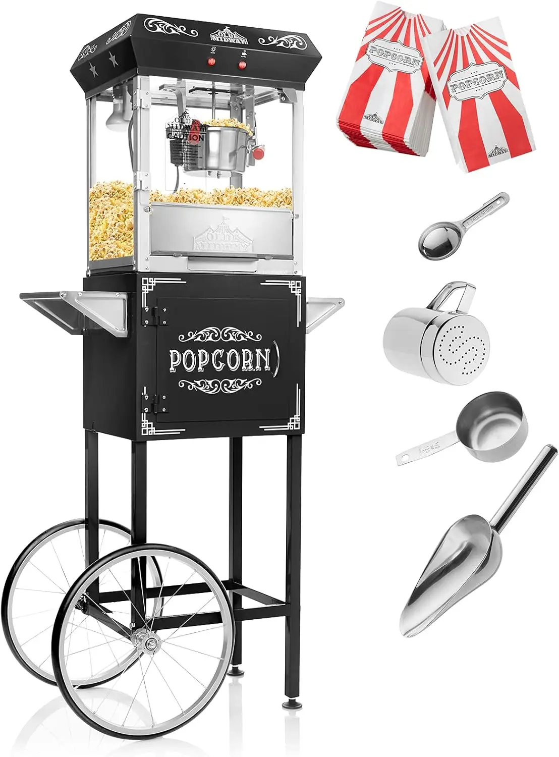 Midway Vintage Style Popcorn Machine Maker Popper with Cart and 6-Ounce Kettle - Black