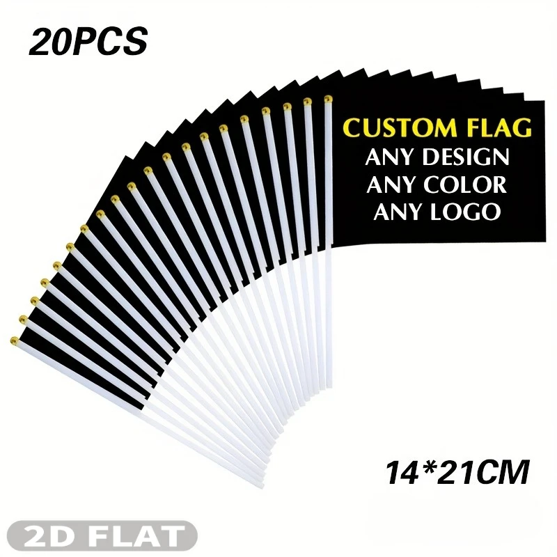 20pcs Customizable Handheld Flag Set - 2D FLATWhite Pole Polyester Flags, Perfect for Parades, Celebrations, and Outdoor Events