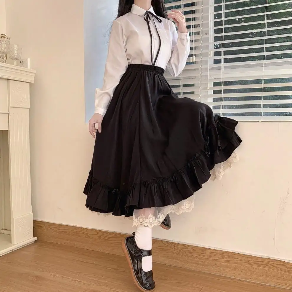 Koreanischer Stil, schwarz-weißer Halbrock, langer Rock für Damen, japanischer, einfarbiger, doppellagiger, Vintage-Rock im französischen Stil mit Rüschen, A-Linien-Schnitt. – Detail 2