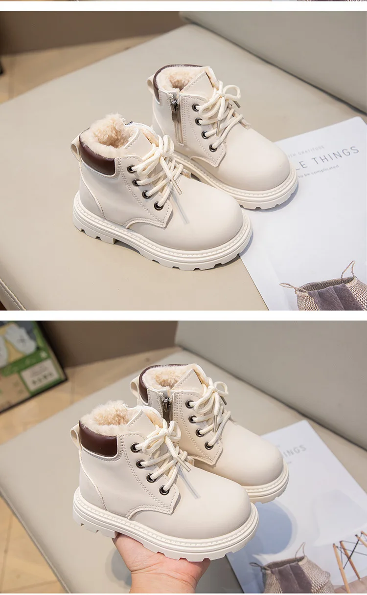Winter Neue Kinder Mode Stiefel Plüsch Warme Jungen Mädchen Rutschfeste Warme Lederstiefel Einfarbige Kinder Freizeitschuhe – Detail 15