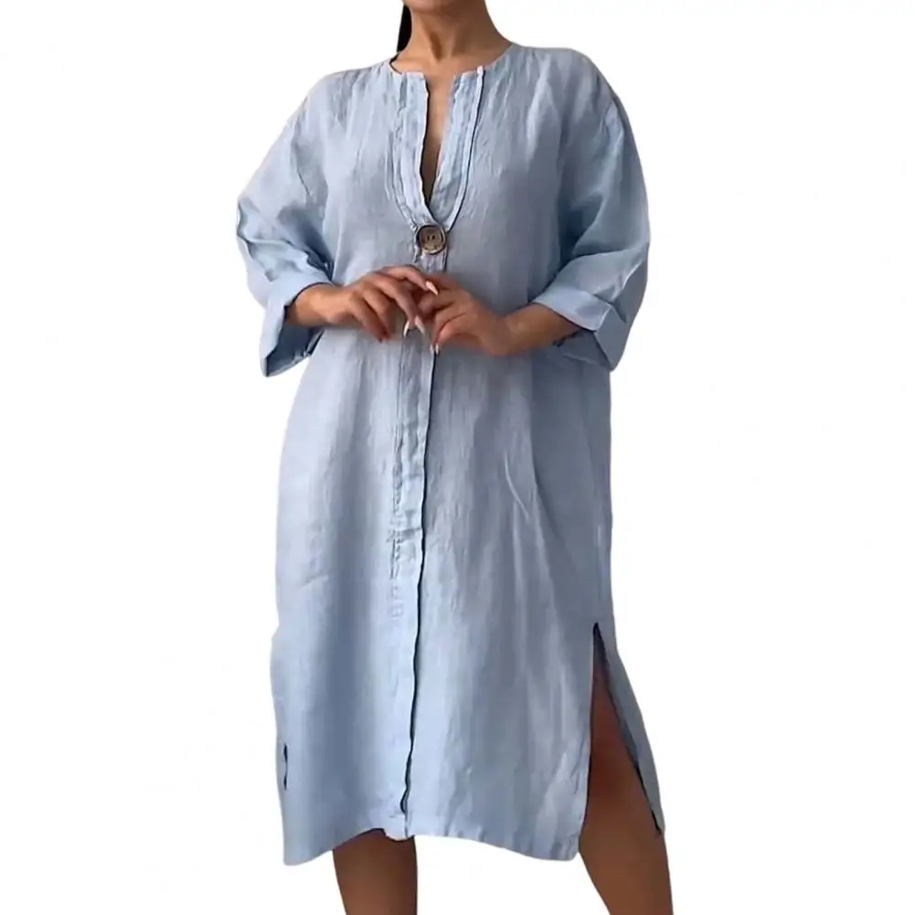 

Summer V Neck Midi Dress for Women Chic Side Split Loose Pure Color Long Sleeves Simple Dress