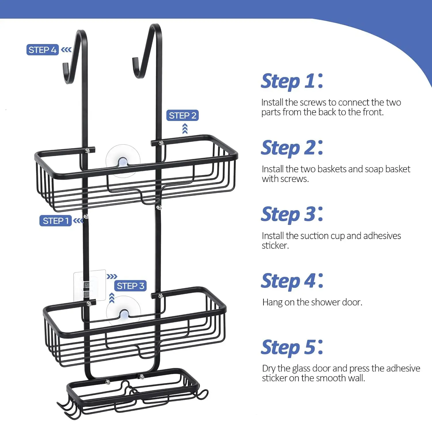 Over the Door Shower Caddy,3 Tier Hanging Shower Organizer Shelf for Bathroom,Aluminum Shower Storage Rack with Hook&Soap Holder