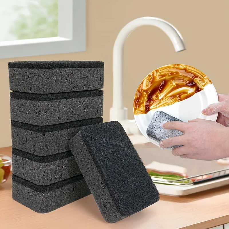 5Pcs Black and Gray Cleaning Sponges - Powerful Stain Removal and Oil Absorption, Specially Designed for Kitchen Use