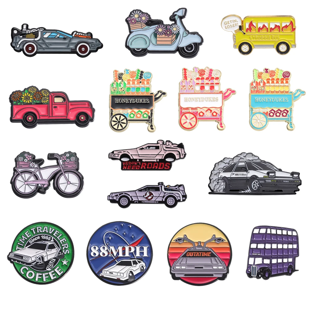 Cartoon Car Enamel Brooch Flame School bus Flower Motorcycle Bike Leather Truck Soda Cart RV Mechanical Race Car Metal Badge Pin