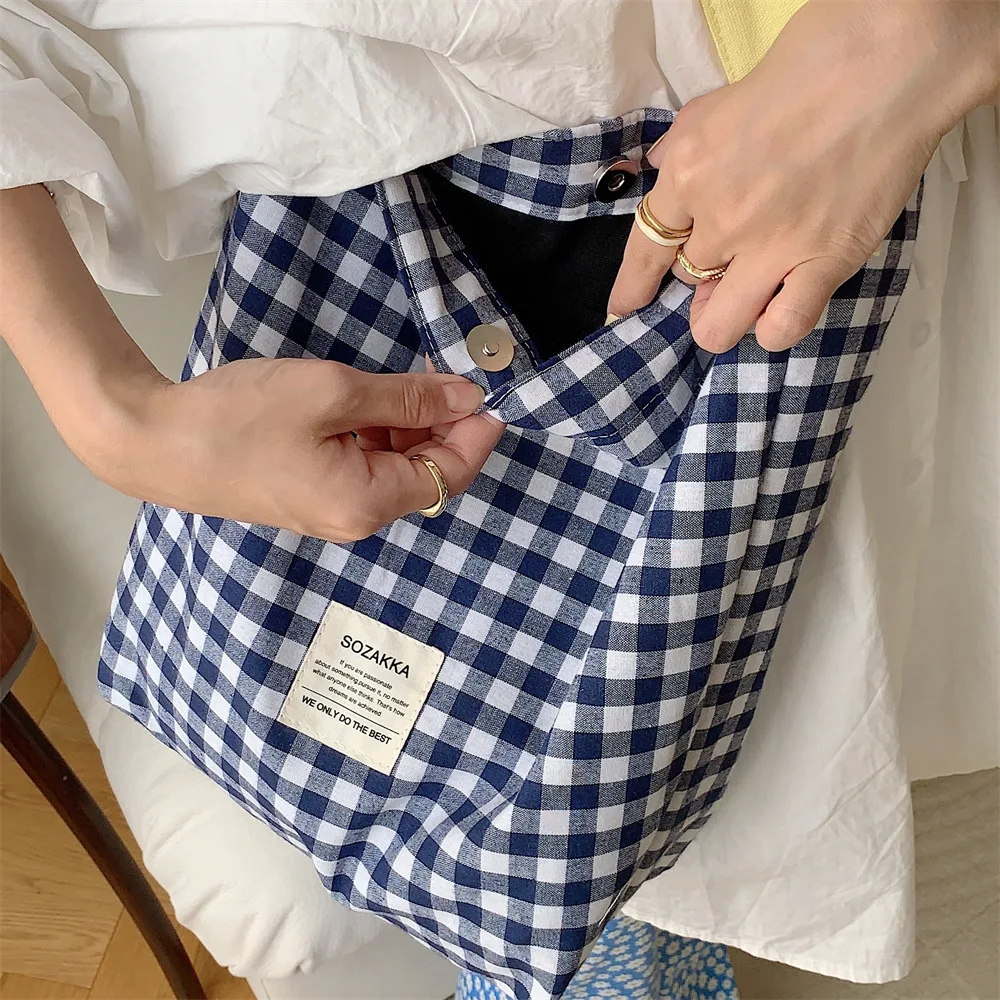 Youda New Style Fashion Cotton Fabric Shoulder Bag for Women Simple Plaid Pattern Large Casual Capacity Shopper Tote Bags