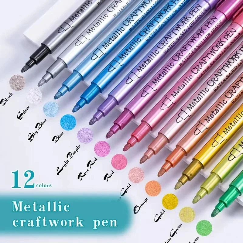 Marqueurs de peinture métalliques à double tête, stylos pour pierre, céramique, bois, tissu, scrapbooking, fournitures d'art de bricolage, 12 couleurs