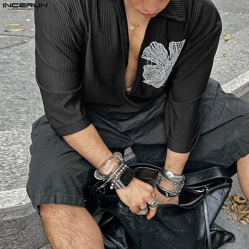 

INCERUN Мужская рубашка с цветочными лацканами и рукавами 3/4, повседневная мужская одежда больших размеров, уличная одежда, 2025 г., свободные модные мужские рубашки Camisas S-5XL