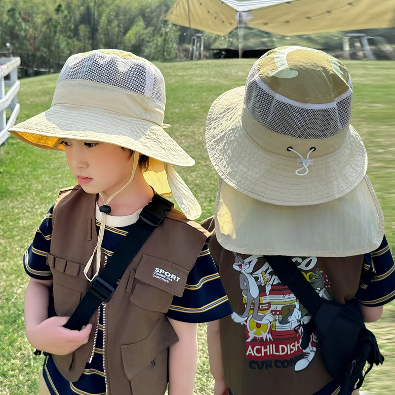 Xinbaoguan 100% Polyester 1147 Summer Boys and Girls Sunshade Hat Large brim Sunshade Shawl Breathable Fishing Hat