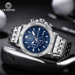 OCHSTIN Chronograph Quartz Watch Men Silver Blue Waterproof Luminous Dress Wristwatch with Date Stainless Steel Strap Relogio