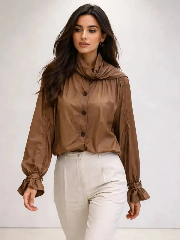 ONEXWEN Elegant Brown Hooded Blouse For Women Long Sleeve Tie-Cuff Satin Shirt Ruched Button-Down Lightweight Casual Top ZM5432