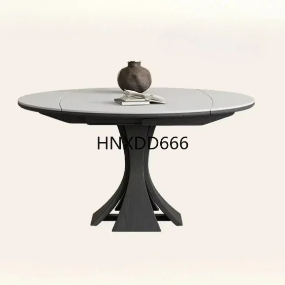French retro variable round retractable rock slab dining table folding household square dual-purpose solid wood dining table